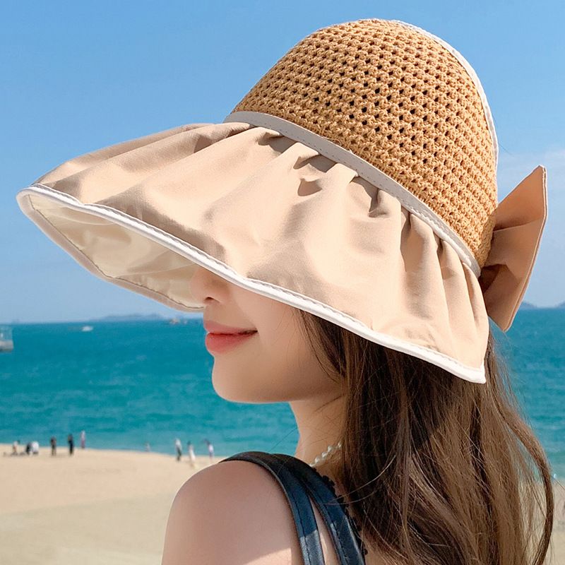 Summer thin hollow top for women with high aesthetic value, foldable cycling hat, bow shaped sun hat_voghion.com