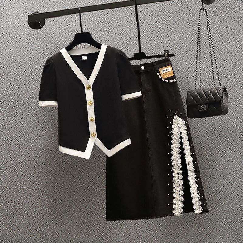 Damkläder Sommar plus size kvinnor lätt tjock mm åldersreducering söt kryddig päronformad kropp bantning kött täckklänning bära ett komplett set_voghion.com