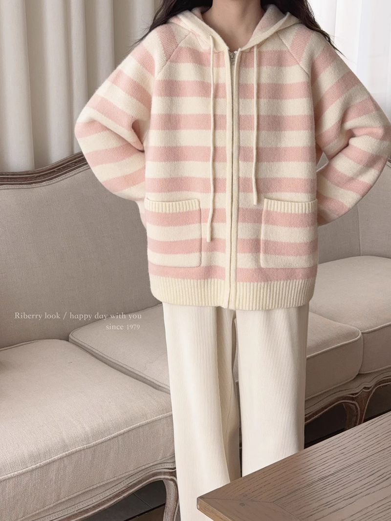 Veste cardigan en tricot à capuche avec fermeture éclair ample à rayures bleu crème pour femme, haut raglan rose doux pour femme_voghion.com