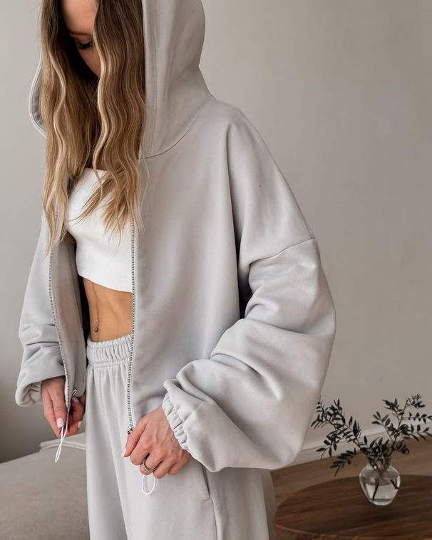 Damski, swobodny zestaw: kardigan z kapturem i spodnie – odzież domowa z długim rękawem (jasnoszary/brązowy, S/M/L/XL)_voghion.com