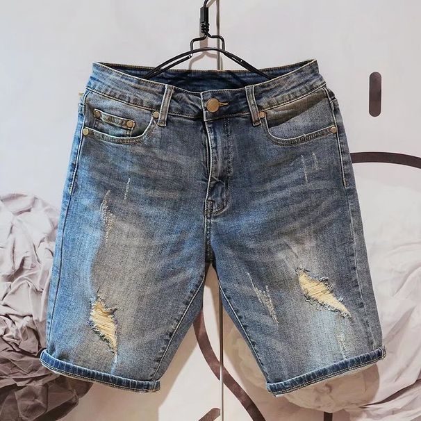 High end denim shorts, men's trendy Korean version, simple summer thin style, fashionable elastic slim fit casual capris_voghion.com