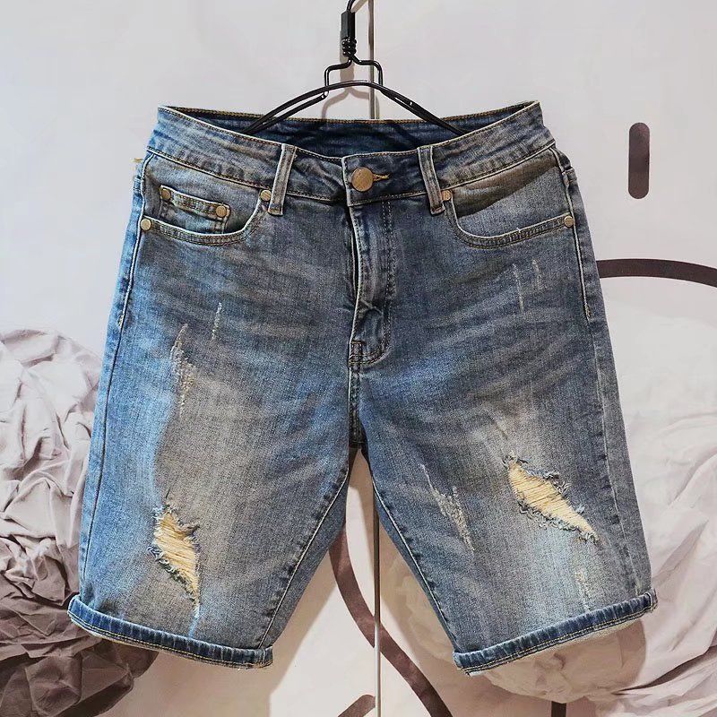 Pantaloncini in denim di fascia alta, versione coreana alla moda da uomo, semplice stile estivo sottile, capri casual elasticizzati slim fit alla moda_voghion.com