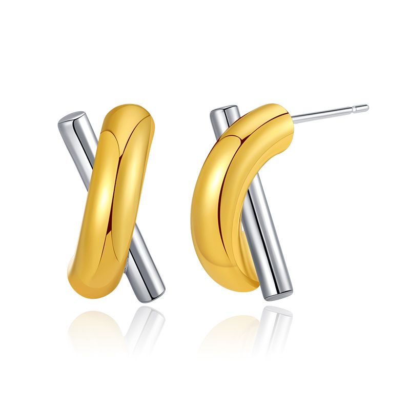 Orecchini con personalità dal design contrastante in oro e argento, orecchini a croce intrecciata in metallo con texture di nicchia placcati in oro vero K_voghion.com