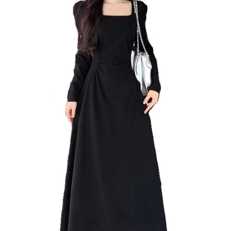 Hepburn Kleid mit eckigem Ausschnitt und langen Ärmeln, Plissee-Design, neuer schlankmachender, temperamentvoller mittellanger Rock im französischen Stil_voghion.com