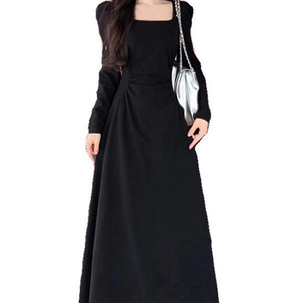 Hepburn Kleid mit eckigem Ausschnitt und langen Ärmeln, Plissee-Design, neuer schlankmachender, temperamentvoller mittellanger Rock im französischen Stil_voghion.com