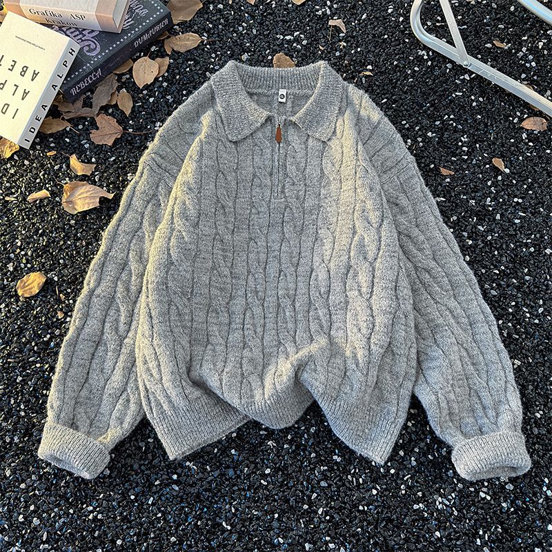 Unisex gebreide trui met halve rits – wintertrui met polokraag (M-XXL, grijs/groen, dik en ademend polyester)_voghion.com