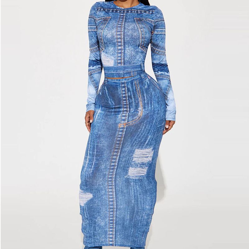 Vêtements pour femmes 2023 automne nouveau costume deux pièces denim imprimé col rond haut à manches longues slim hanche longue jupe_voghion.com