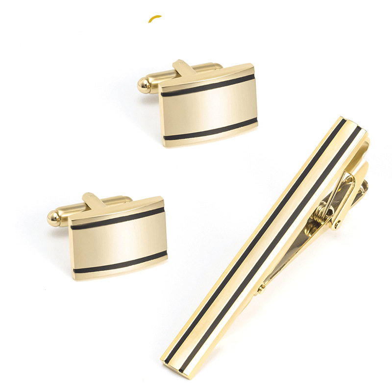 Gold Striped Smooth Brushed Metal Cufflinks And Tie Clip Set, Hot Selling Business Men's Cufflinks Set In Europe And America_voghion.com