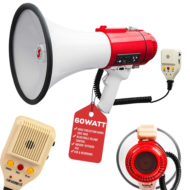 5 Core Megaphone Bullhorn Speaker 60W Professional Bull Horn Battery Power Cheer Megafono 1200 Ft Range Loudspeaker W Siren Recording Ergonomic Handle_voghion.com