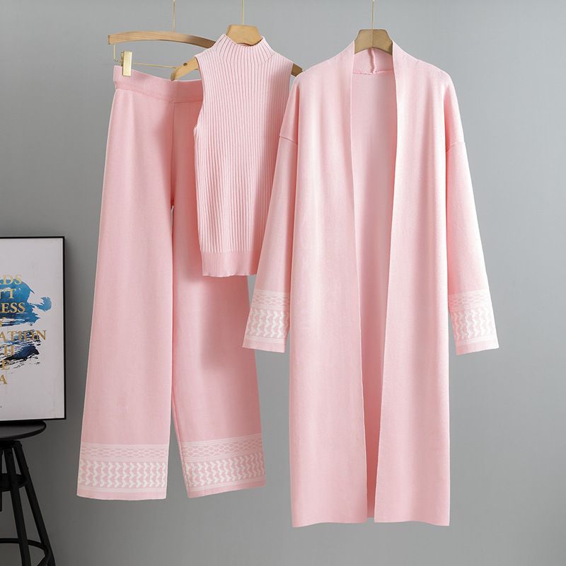 Vêtements pour femmes Tempérament paresseux Costume tricoté Femmes Printemps Nouveau gilet Pull Cardigan Pantalon large Costume trois pièces_voghion.com