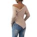 Women's Off-Shoulder Sweater - Trendy Irregular Hem V-Neck Pullover (S-L, Apricot)_voghion.com