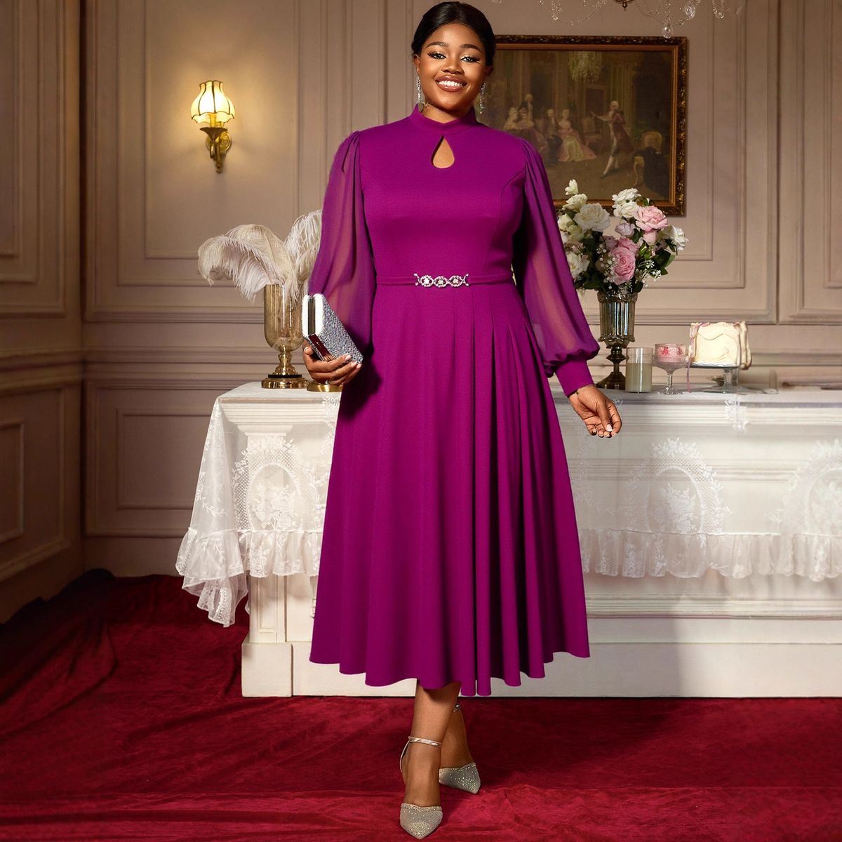 Elegant Plus-Size Purple Evening Dress – High Neck, Sheer Cutout, Chiffon Bell Sleeves & Crystal Belt (0XL-4XL, A-Line Midi, Formal Party Gown)_voghion.com