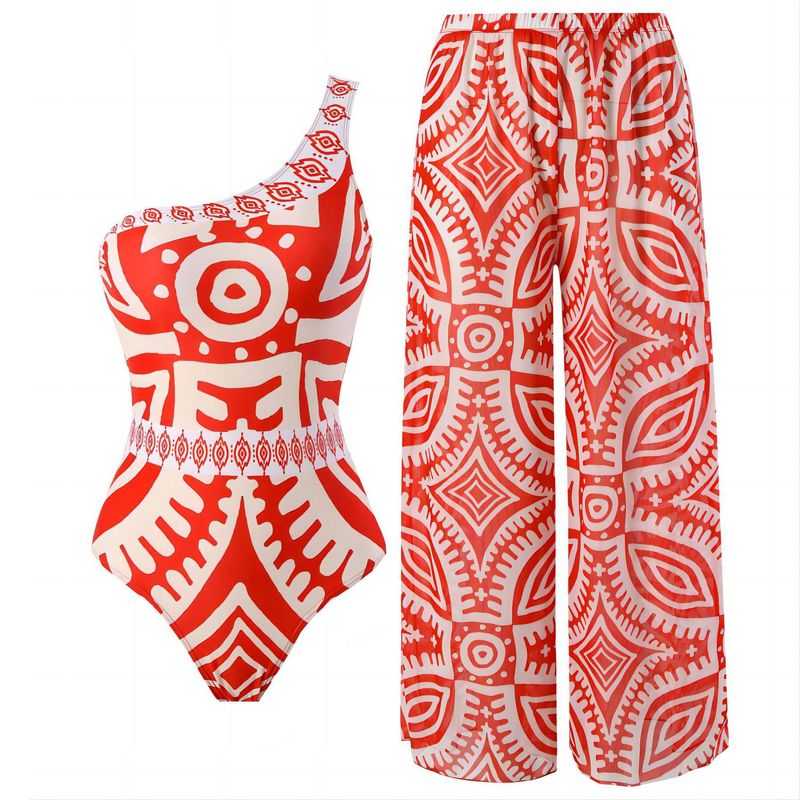 French retro one shoulder jumpsuit paired with mesh pants conservative swimsuit_voghion.com