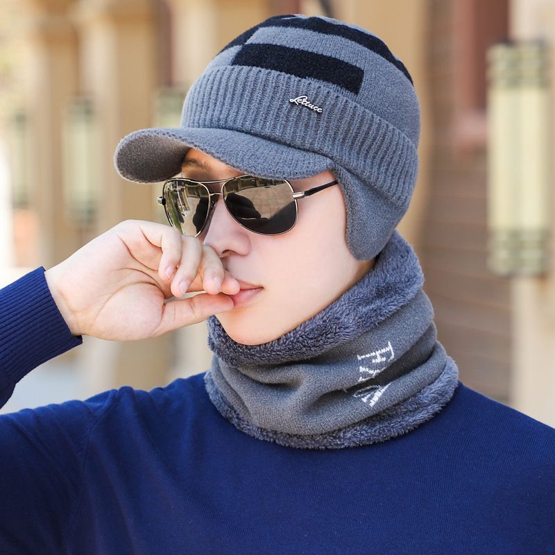 Set di cappello invernale da uomo con paraorecchie e scaldacollo - Berretto in maglia spessa con fodera in pile per ciclismo e pesca_voghion.com