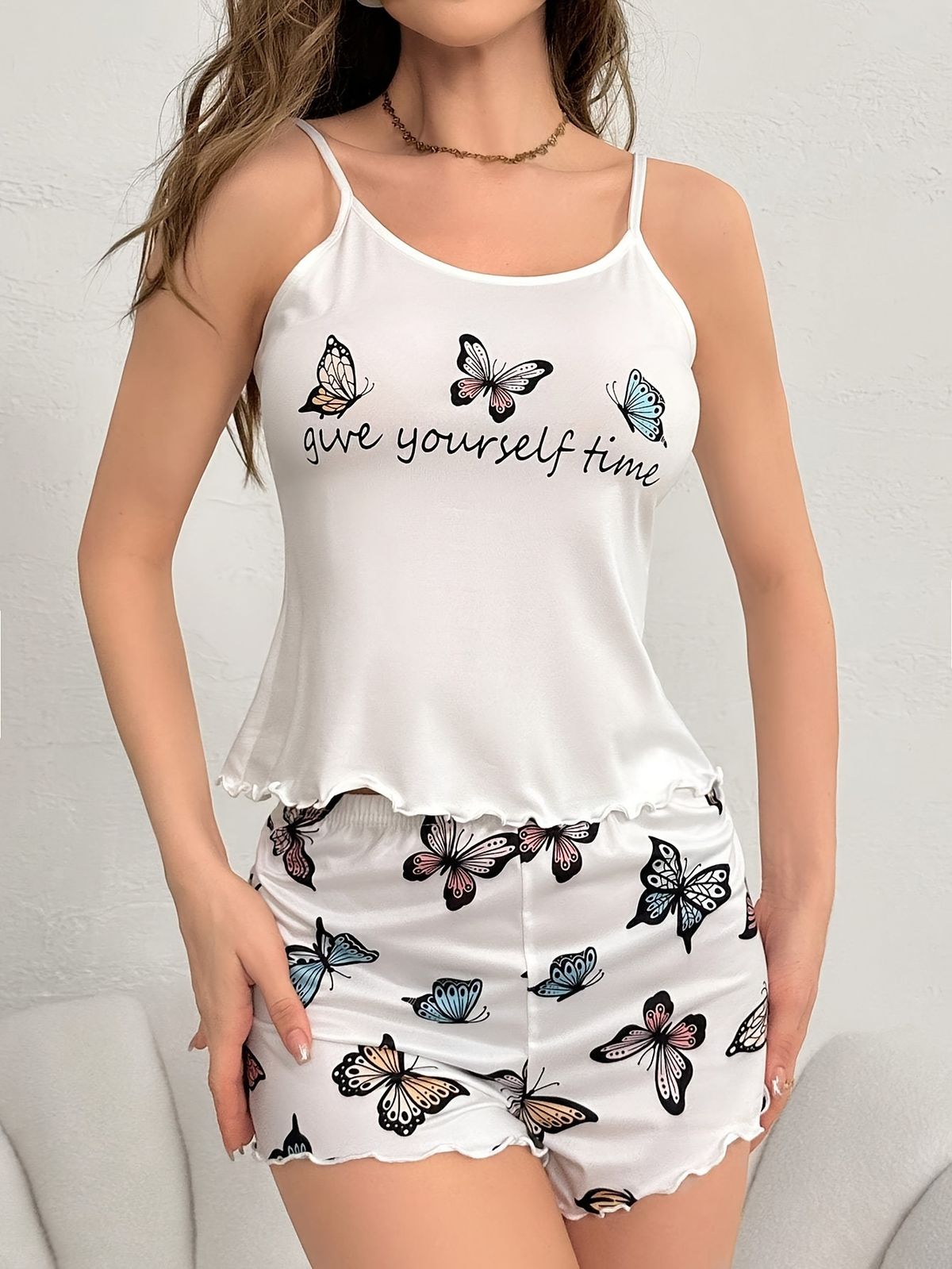 Nouveau short à bretelles imprimé nœud, pyjama décontracté et confortable, idéal pour l'extérieur_voghion.com