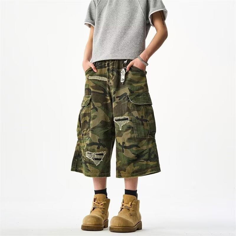 Short de travail déchiré style camouflage rétro pour homme et femme, ample, style rétro, jambes larges, pour l'été_voghion.com