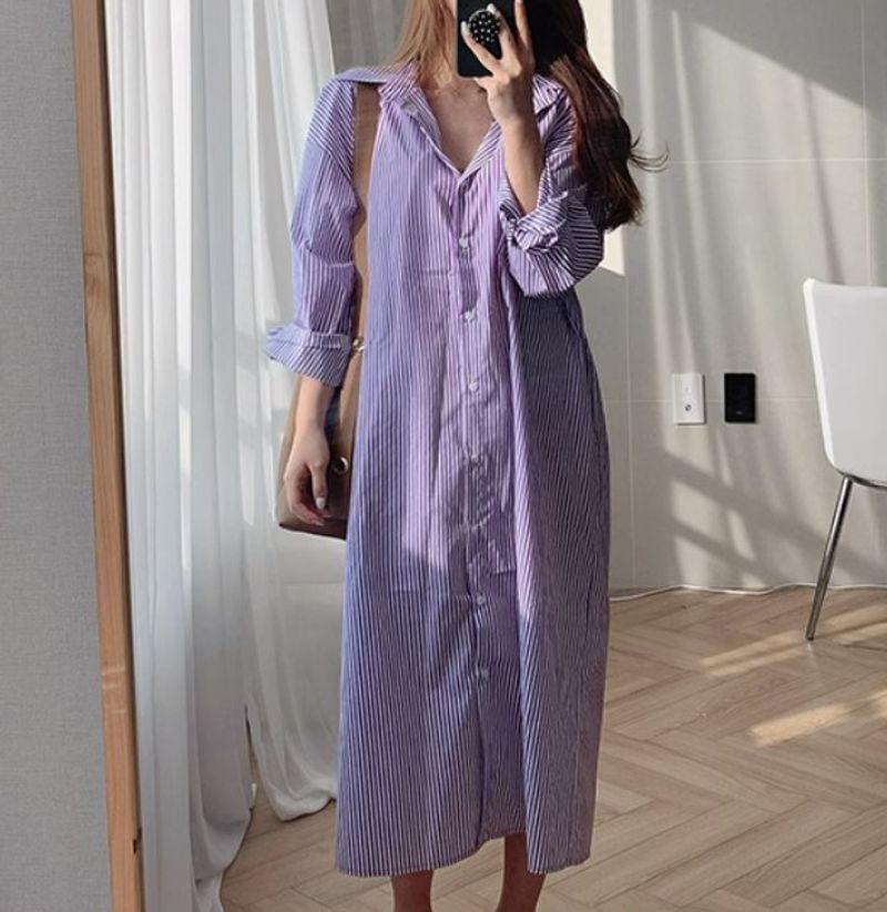 2024 Primavera e Autunno Nuovo Abito Lungo Coreano con Tasche a Righe su Entrambi i Lati per Donna_voghion.com