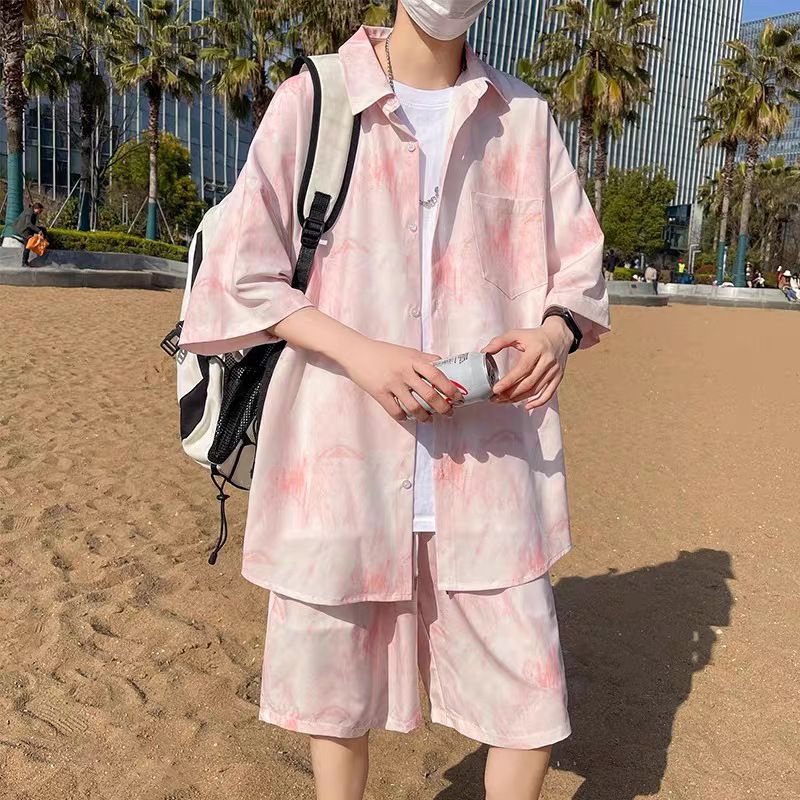 Camicia a maniche corte, pantaloncini, abito due pezzi da mare, taglie forti, in seta ghiacciata sottile estiva da uomo_voghion.com