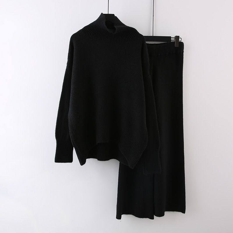 Dametøj Stor størrelse løstsiddende jakkesæt efterår og vinter nyt dovent jakkesæt med elastisk talje og vide ben i strik + højkravet sweater i to dele_voghion.com