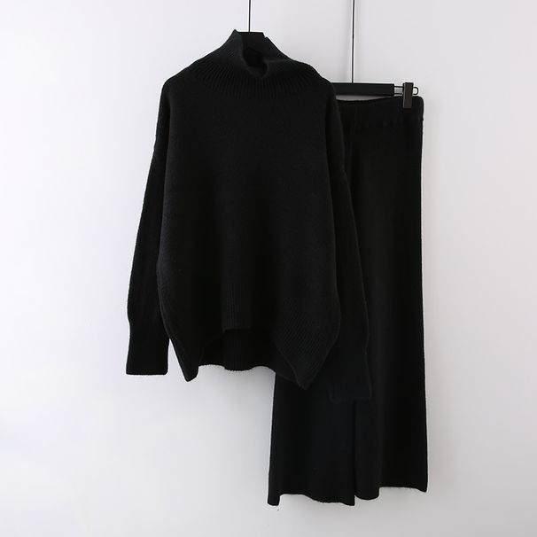 Dametøj Stor størrelse løstsiddende jakkesæt efterår og vinter nyt dovent jakkesæt med elastisk talje og vide ben i strik + højkravet sweater i to dele_voghion.com