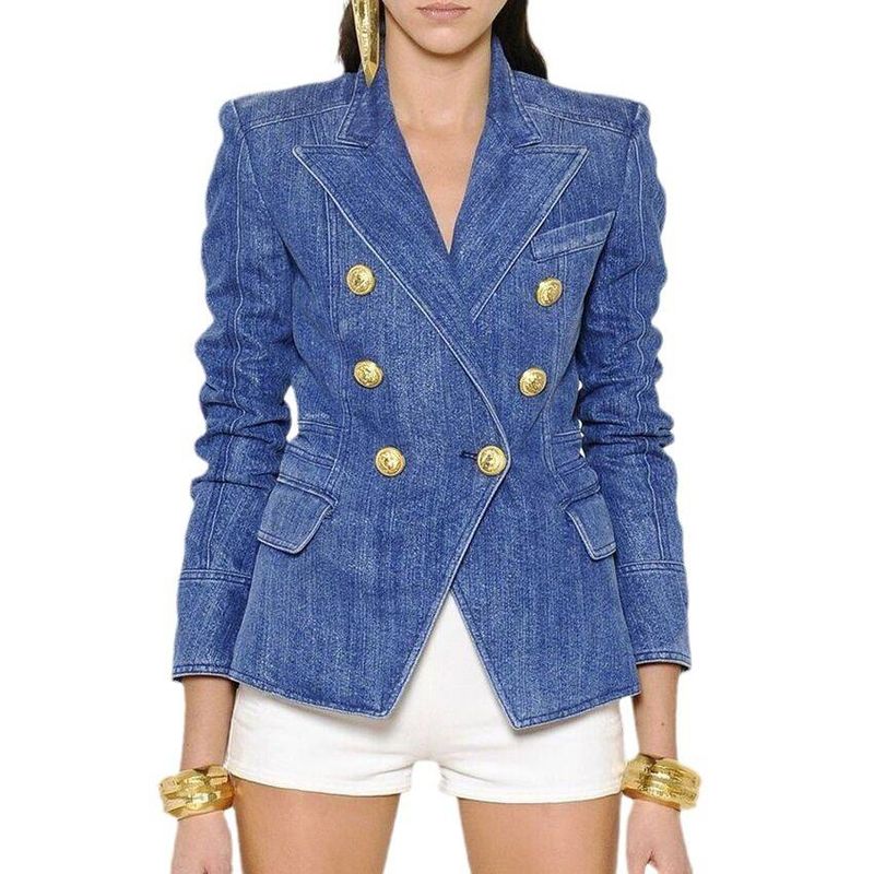 Women's Clothing autumn and winter new celebrity fashion double breasted lion button washed denim suit slim jacket_voghion.com