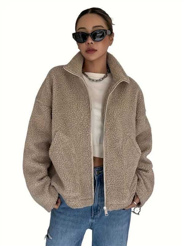 Giacca in pile oversize da donna – Cappotto corto in peluche con cerniera, collo alto e maniche lunghe (S-XXL, poliestere, abbigliamento casual da strada)_voghion.com
