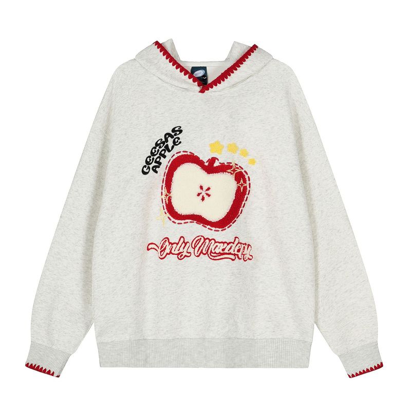 Felpa con cappuccio da donna in pile con ricamo di mela rossa in stile vintage, comoda e casual, vestibilità ampia, autunno inverno_voghion.com