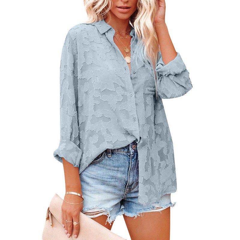 Camicia da spiaggia semitrasparente elegante in chiffon jacquard a maniche lunghe da donna Verve 2025_voghion.com