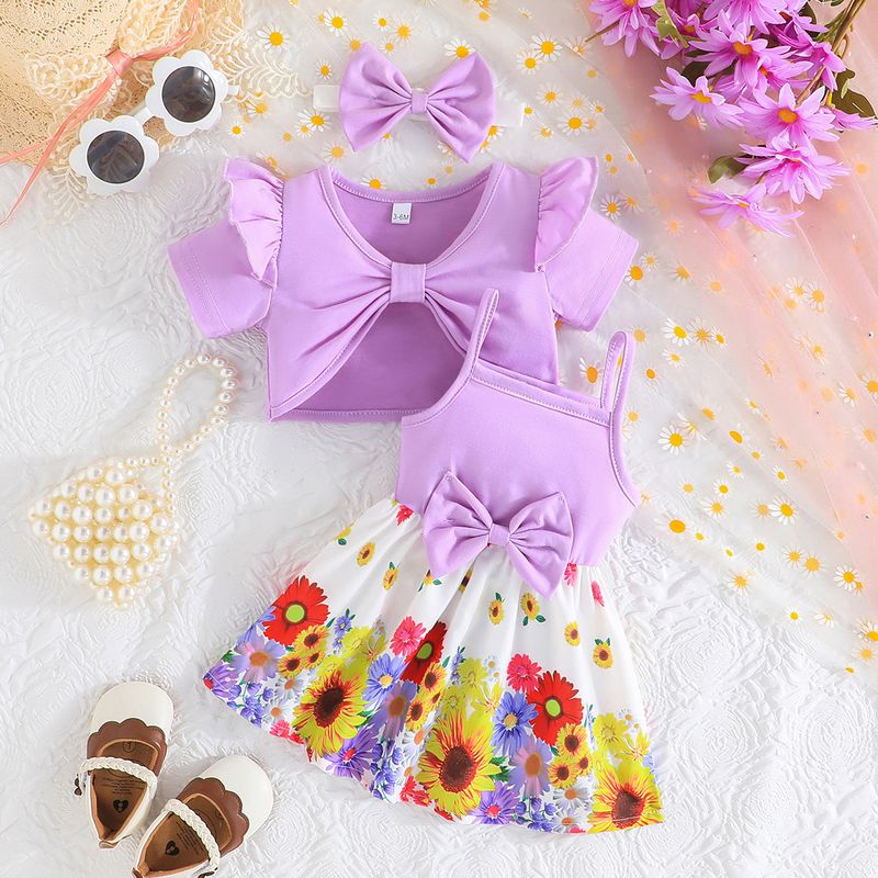 Îmbrăcăminte pentru copii, fustă cu bretele, imprimeu floral, în culori solide, pentru fetițe + jachetă scurtă + eșarfă, set din trei piese_voghion.com
