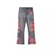 Herrenbekleidung Amerikanische Retro-Spitzen-Patchwork-Rippendesign-gerade Jeans Herrenmodemarke lockere Distressed-Hose mit weitem Bein_voghion.com