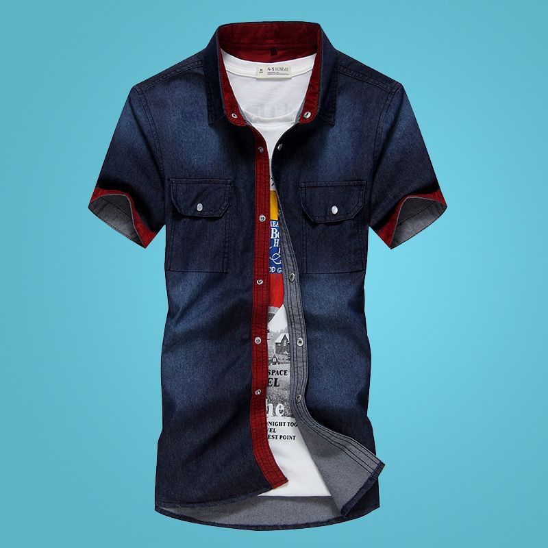 Venta directa de fábrica de la nueva camisa vaquera de verano 2020 para hombre, versión coreana de manga corta, moderna, juvenil, ajustada, con forro vaquero_voghion.com