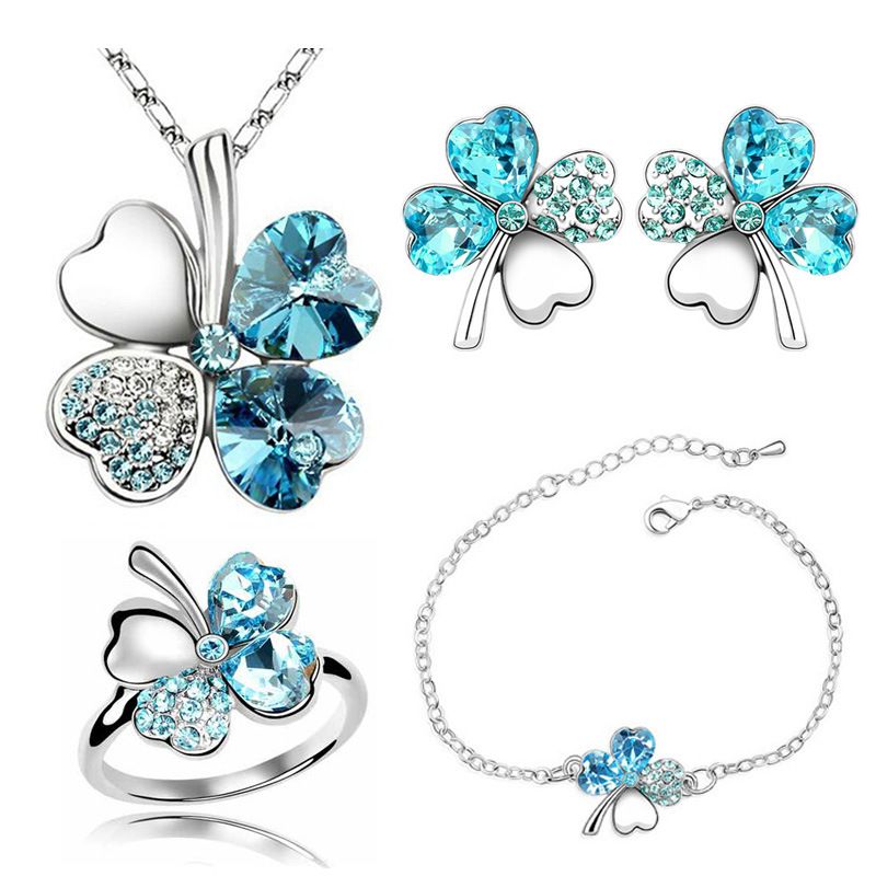 Lucky Four Leaf Clover Necklace Earrings Bracelet Brooch Jewelry Four Piece Set Love Pendant Love Crystal Set_voghion.com