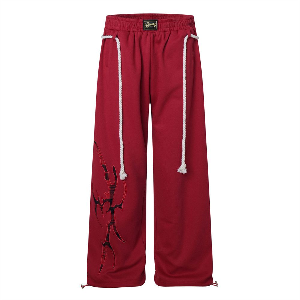 Casual Straight-Leg With Braided Rope Design, Unique Creative Pattern Patch Embroidery, Sports Wide-Leg Pants For Men,_voghion.com