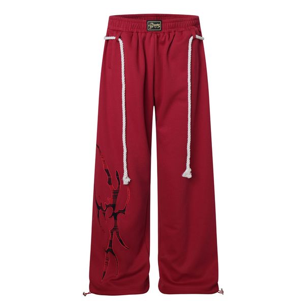 Casual Straight-Leg With Braided Rope Design, Unique Creative Pattern Patch Embroidery, Sports Wide-Leg Pants For Men,_voghion.com