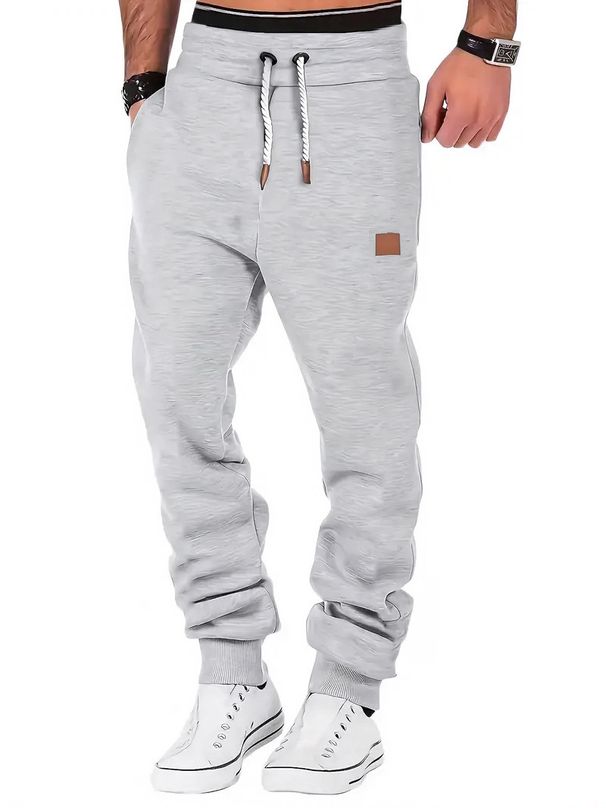 Men's Casual Jogger Pants With Leather Label - Polyester Fleece-Lined Sweatpants For Winter, Elastic Cuffs, Relaxed Fit, Solid Color_voghion.com