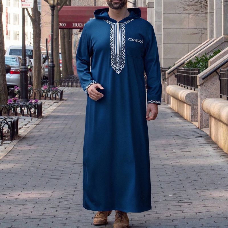 Men's Premium Embroidered Thobe - Luxurious Loose Fit Hooded Islamic Robe With Long Sleeves_voghion.com