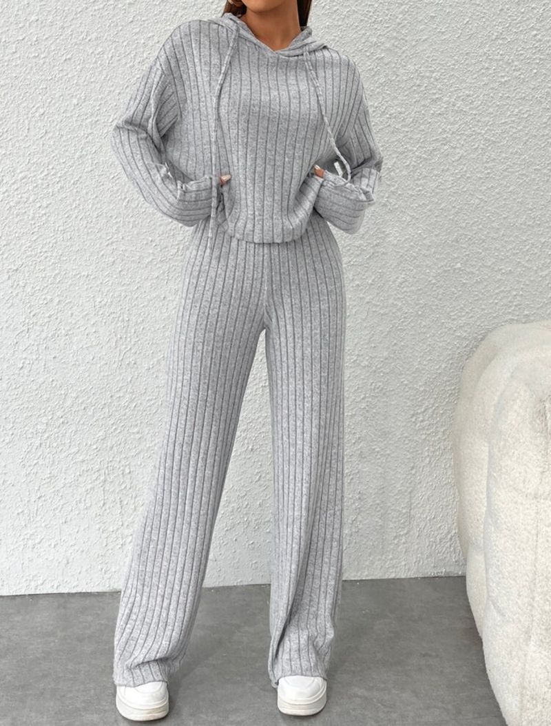 Damenbekleidung Lässiger Strickanzug mit langen Ärmeln Damen-Kapuzenpullover Lockere Hose Zweiteiliges Set_voghion.com