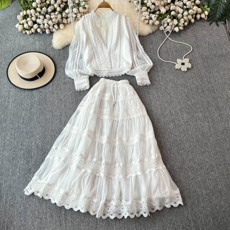 Women's Clothing Autumn Lantern Sleeve Long Sleeve Hollow Lace Splicing Shirt A Line Skirt Suit Dress_voghion.com