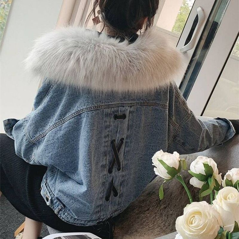 Abbigliamento da donna, collo in pelliccia di volpe, più giacca larga e spessa in denim, cappotto in cotone_voghion.com