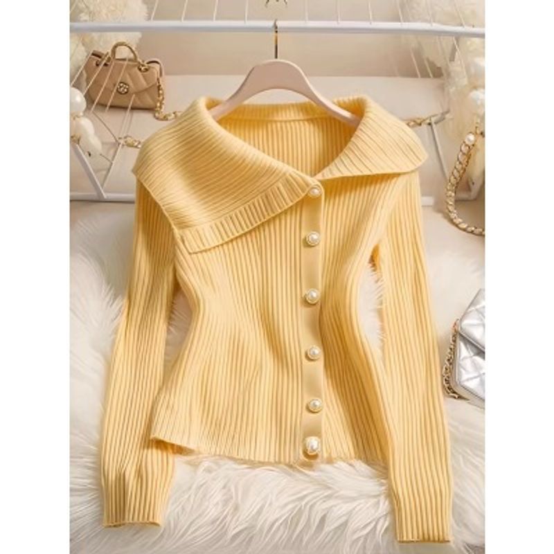 Damenbekleidung Frühherbst-Outfit im faulen Stil, gelbe Strickjacke, superschöner Mantel, neuer Damen-Außenpullover für Frühling und Herbst_voghion.com