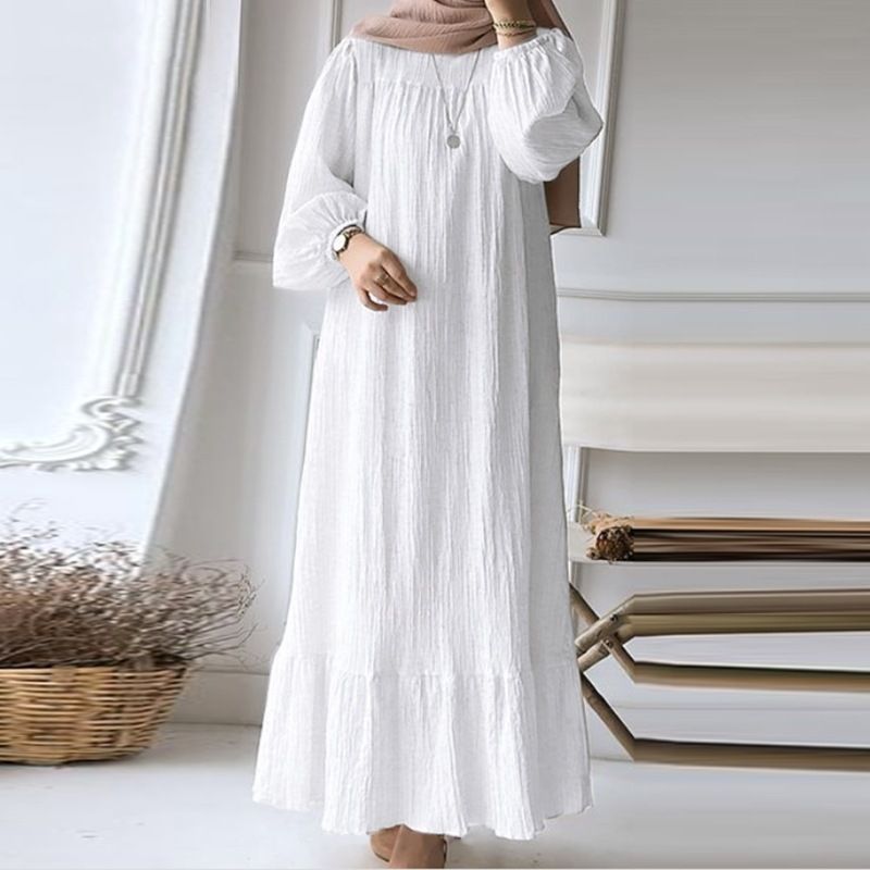 Damesgewaad lente en herfst nieuwe mode lange mouwen retro lange rok effen kleur ruches zoom jurk_voghion.com