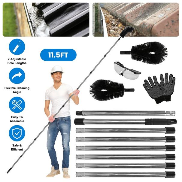 11.5FT Gutter Cleaning Brush With Telescoping Handle Rain Gutter Cleaner Extendable Gutter Cleaning Tool From The Ground With 2_voghion.com