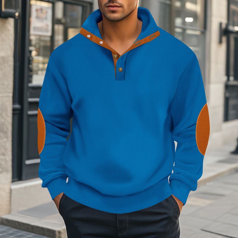 Autumn New Waffle American Stand Up Collar Button Color Matching Elbow Men's Pullover Sweatshirt Long Sleeve_voghion.com