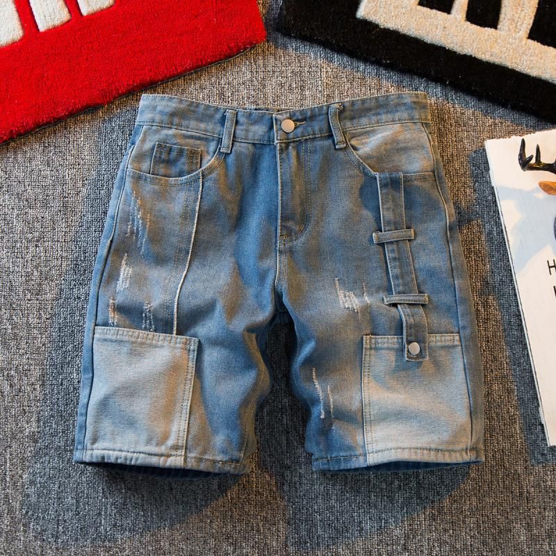 Pantaloncini in denim patchwork da uomo americano da strada americana estiva del 2024 con un senso di design di pantaloni casual larghi da 5 cm di nicchia_voghion.com