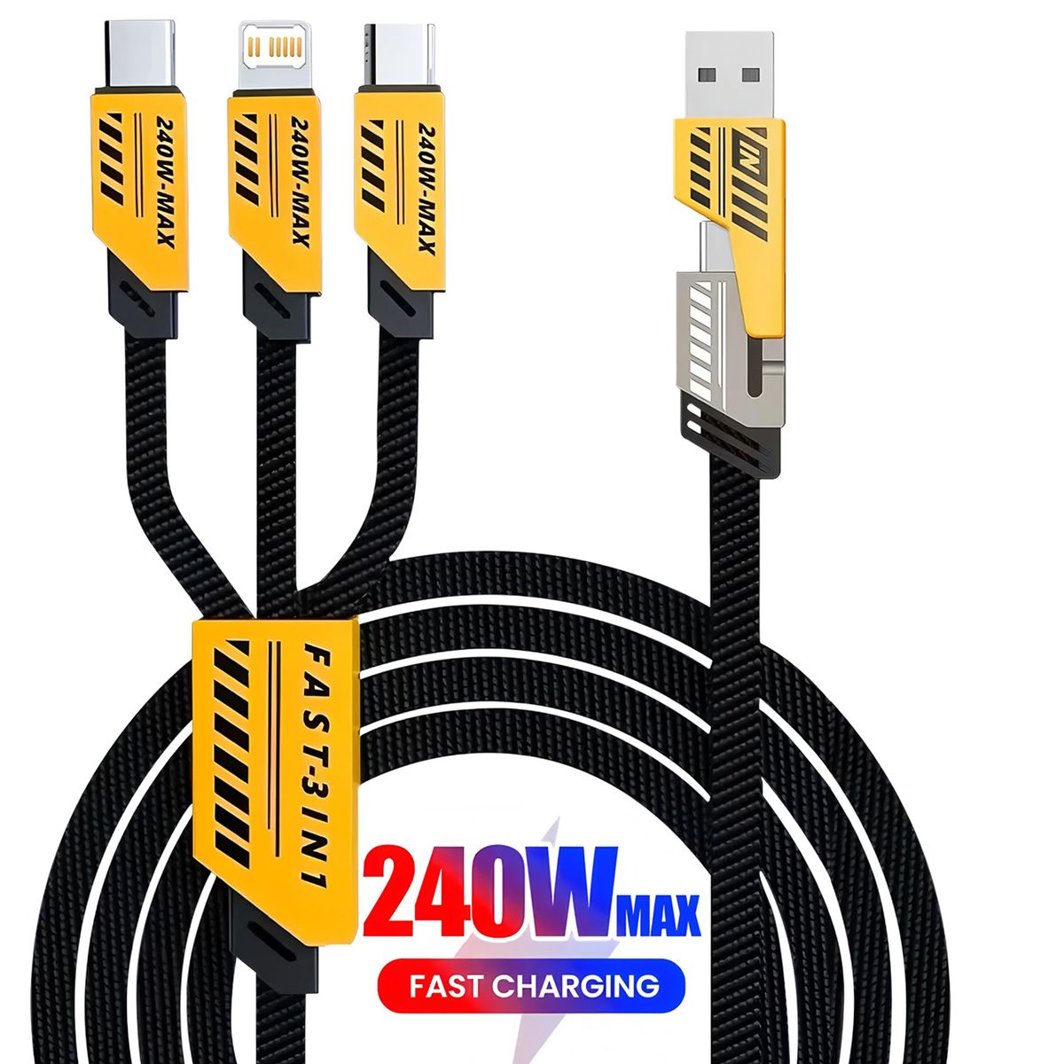 Cavo di ricarica Micro USB di tipo C 3 in 2 da 240 W, multiporta, da 1,2 m, per iPhone e Huawei_voghion.com