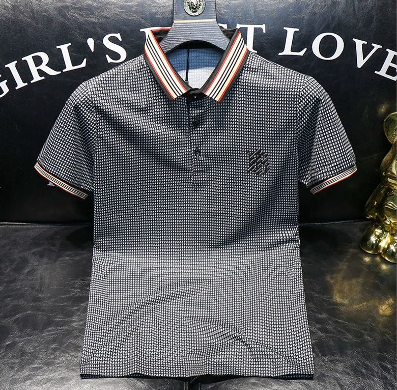 Tricou polo cu mânecă scurtă și rever de afaceri pentru bărbați, vară nouă, brand de modă, cămașă cu mânecă scurtă și jumătate, în carouri Thousand Bird, 2024_voghion.com