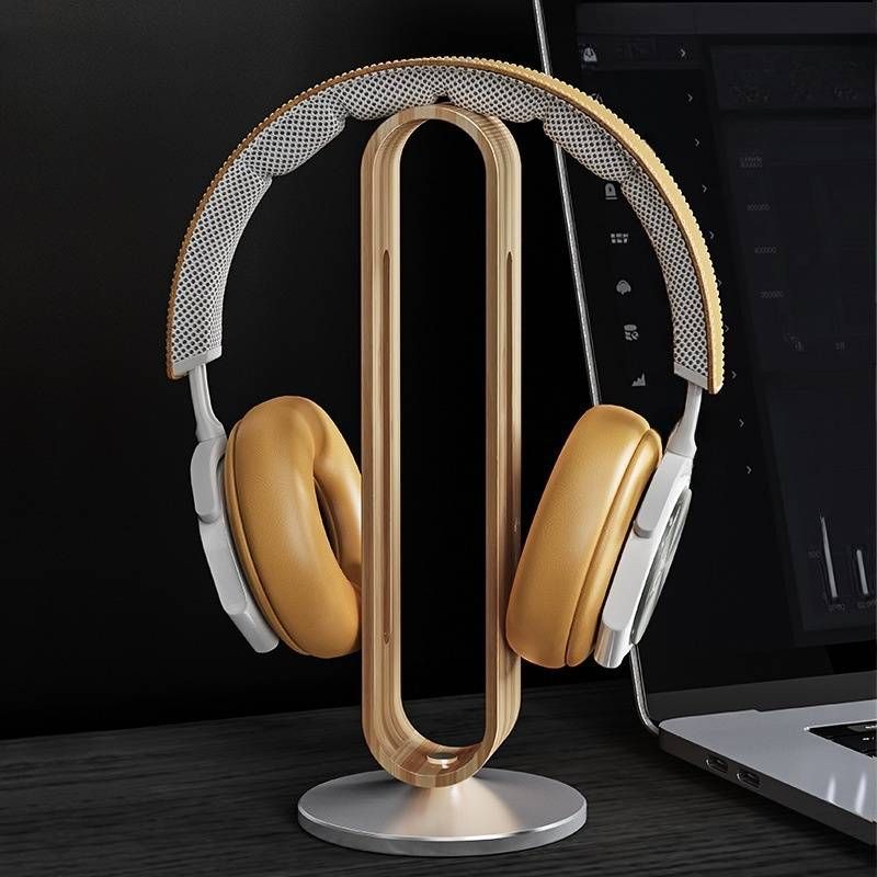 Bamboo Headphones Stand For Desk,U-Shaped Arc Design,Aluminum Alloy Non-Slip Base,Wood Headphones Stand For Desk Compatible For Study/Bedroom/Office_voghion.com
