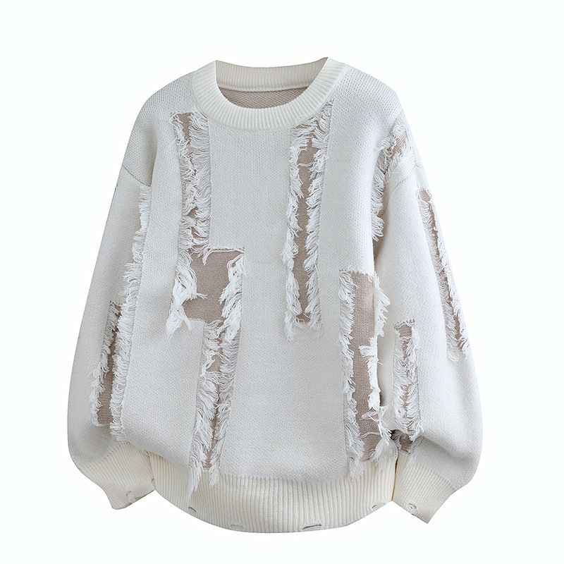 Pull oversize en maille à franges – Pull à manches longues et col rond pour homme (Blanc/Noir/Taupe, M-4XL)_voghion.com