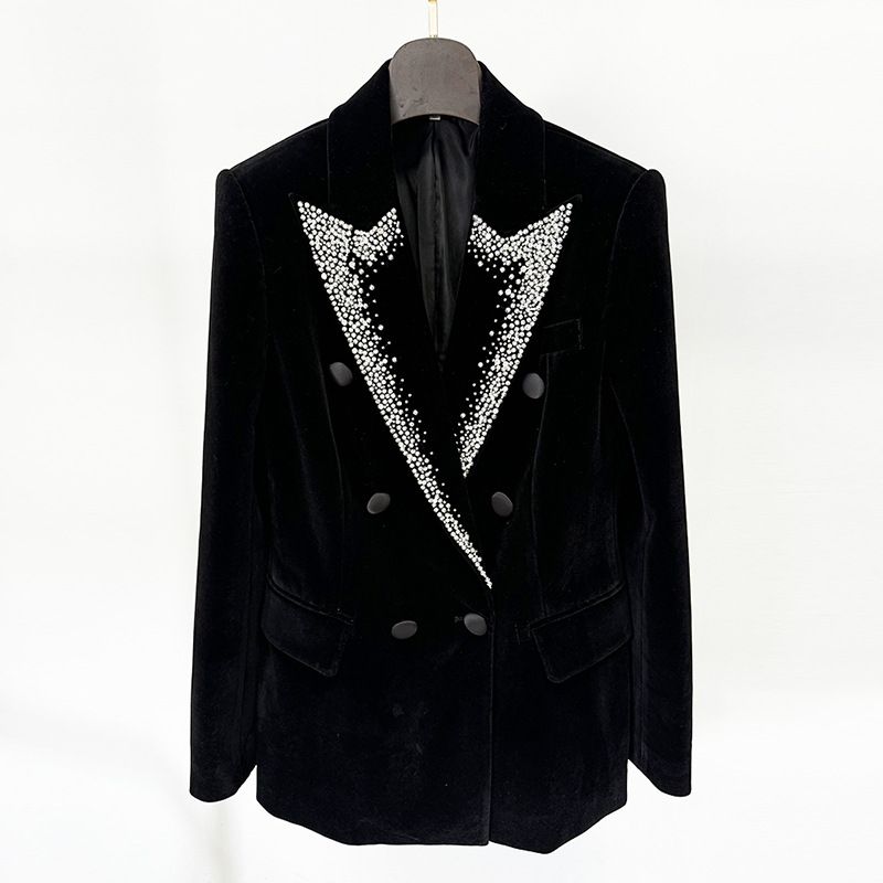 Veste de costume en velours perlé épais à double boutonnage pour femme_voghion.com