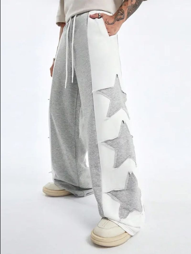 Herrenbekleidung Kontrastfarbene Jogginghose mit Stern-Patchwork-Stickerei, Hip-Hop-Nähte, lockere, weite Beinhose, lässige Sporthose_voghion.com